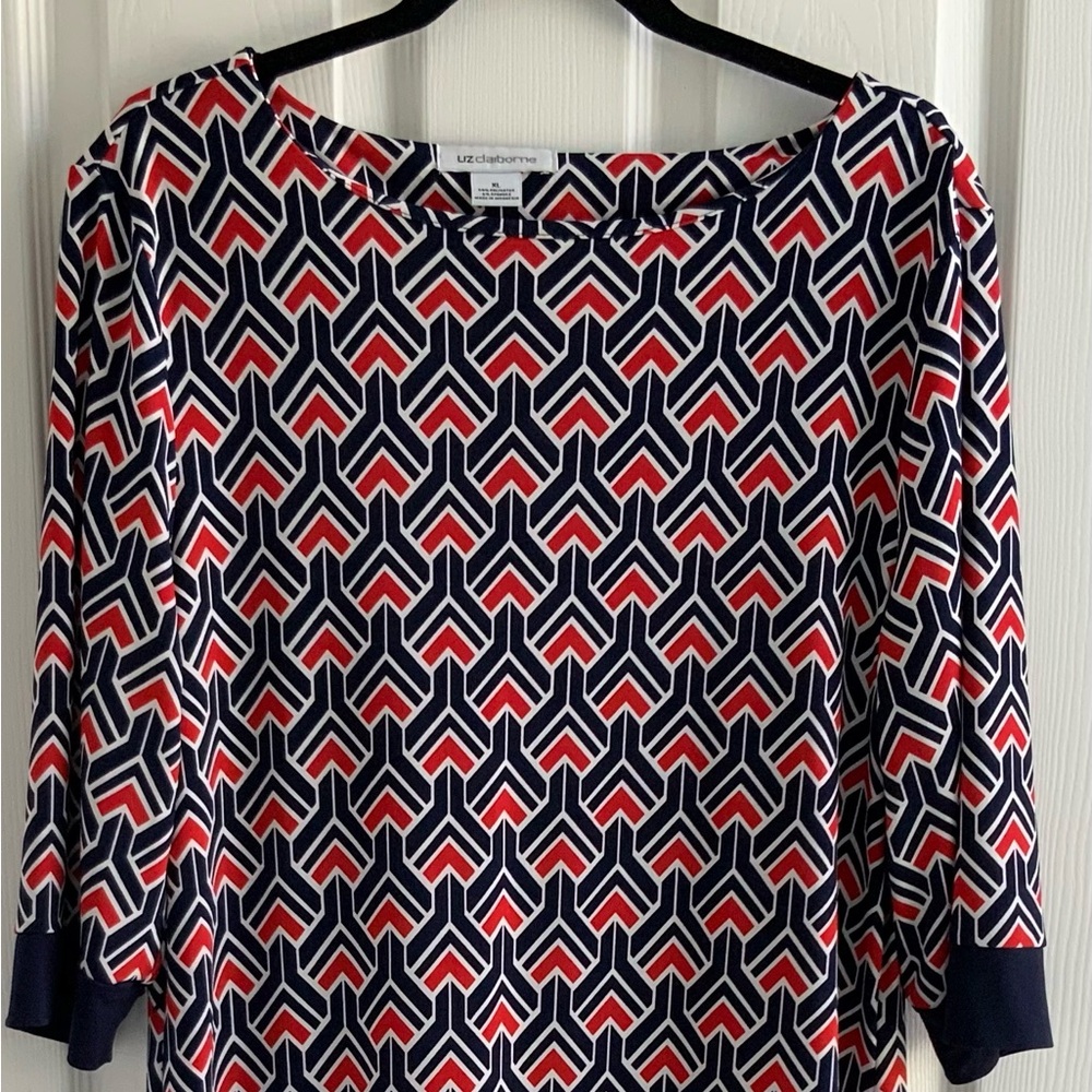 Liz Claiborne Dress XL Midi, Red White Blue Geometric Design, 3/4 Sleeves.
